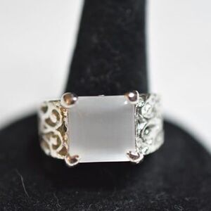 Smokey White Stone Filigree Silver Tone Band Size 10 Unisex Chic Casual Ring